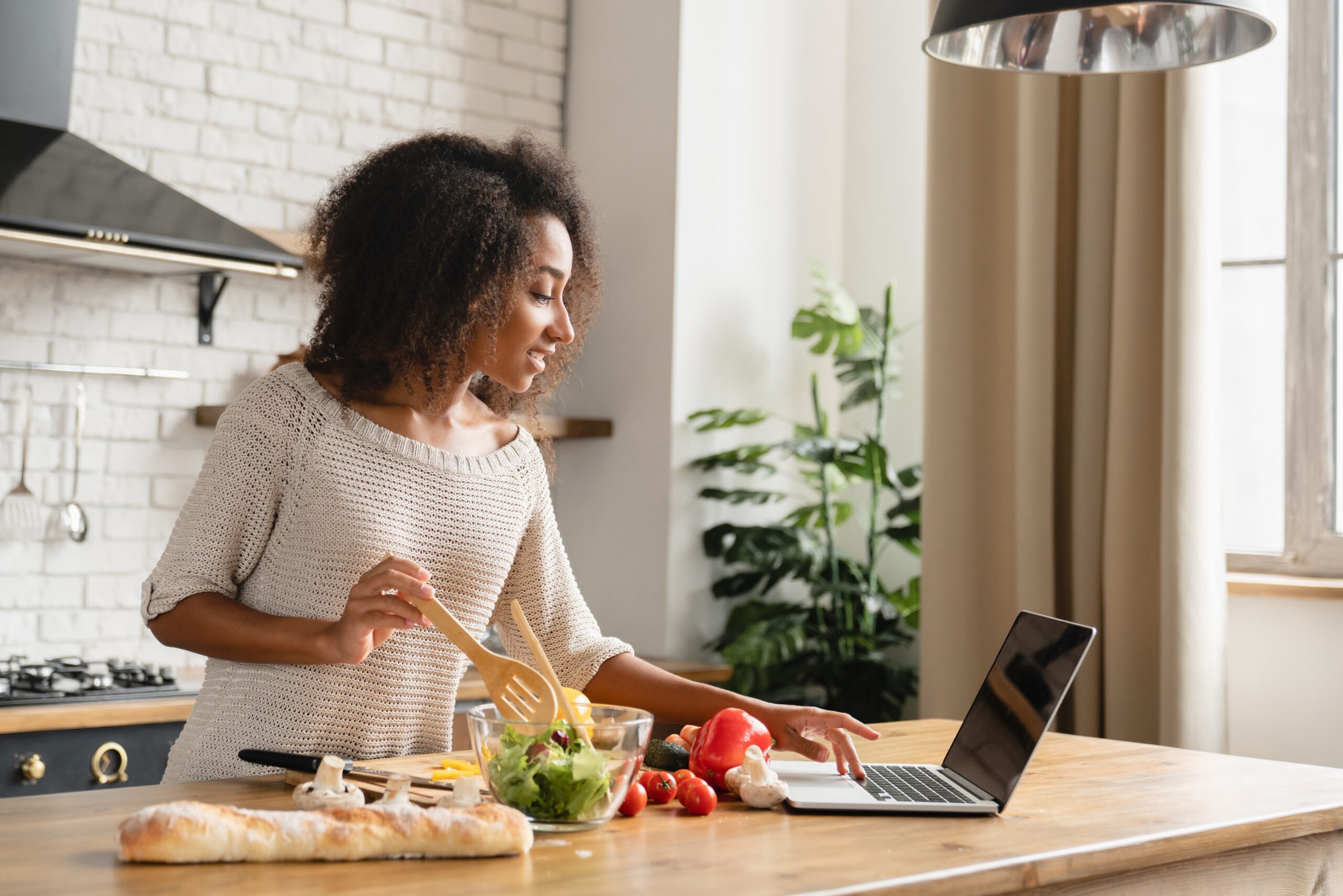 Online,Cooking,Tutorial.,African,Young,Woman,Teenage,Girl,Using,Laptop
